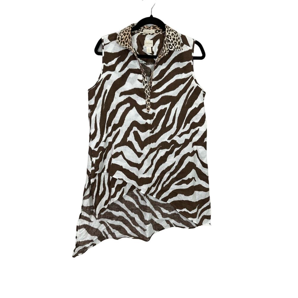 Chico’s Linen Tunic Zebra Animal Print Sleeveless No Iron Size 1 Or US Medium